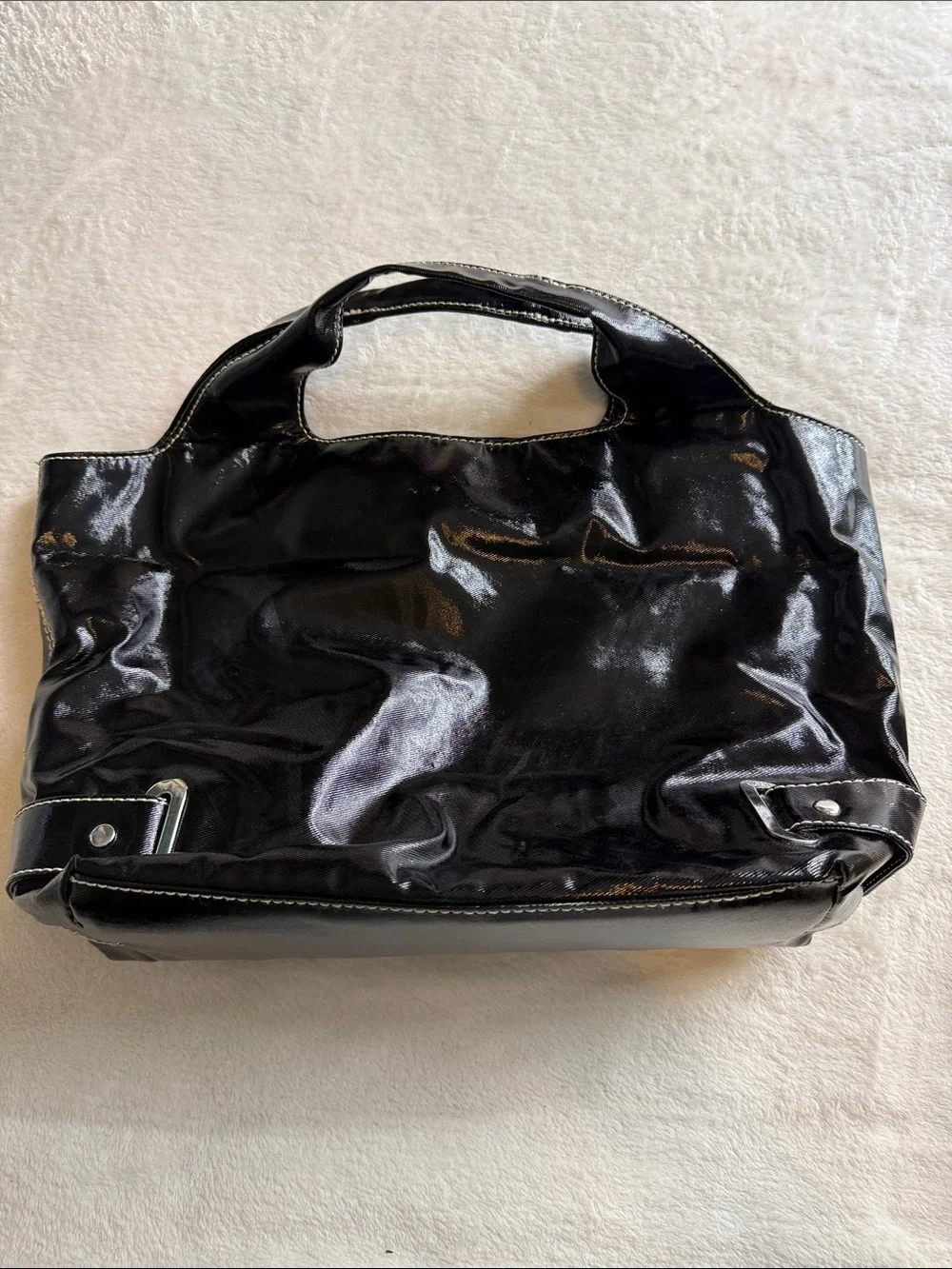 Maxx New York Black Patent PVC Tote Shoulder Bag White Contrast Stitch Y2K